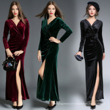 High Slit Long Sleeve Deep V-neck Satin Velvet Women Long Maxi Dress Formal Prom Dresses